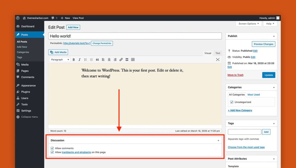 A screenshot of the Discussion box and the Classic editor located in WordPress dashboard.