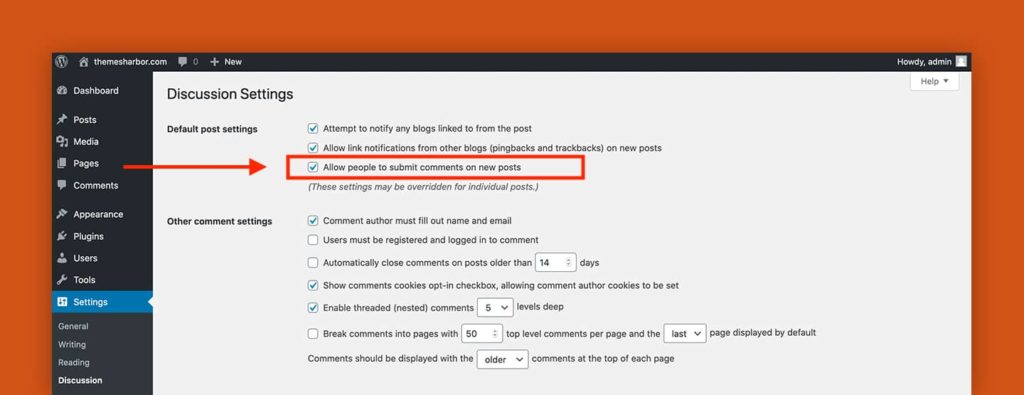 A screenshot of the Discussion Settings page located in WordPress dashboard.