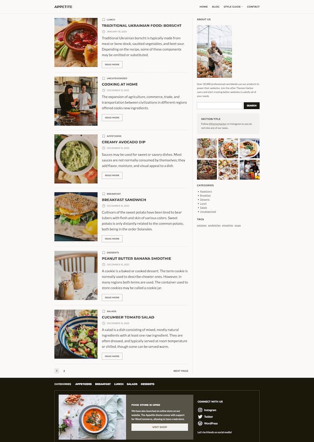 Appetite block theme Blog Page layout