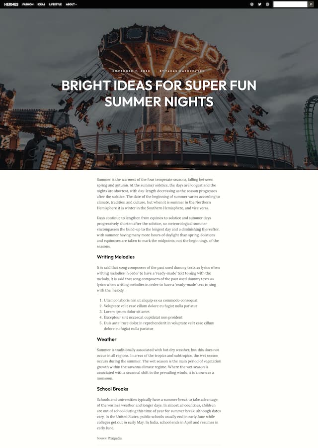 Preview of single post page of Hermes block theme for WordPress
